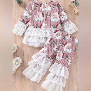 Cute Christmas Santa Clause Girls' Long Sleeve Pants Suit Set